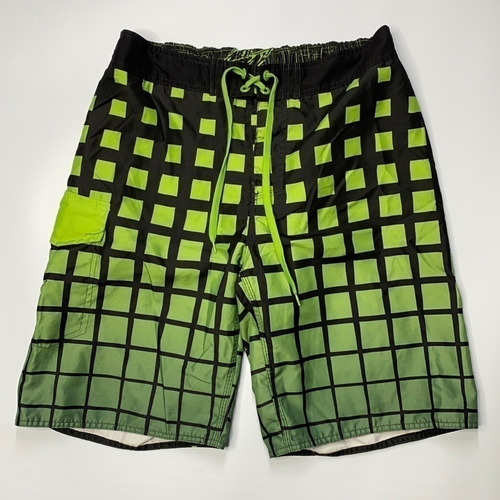 Mountain Dew Black Green Check Swim Trunks Size 36